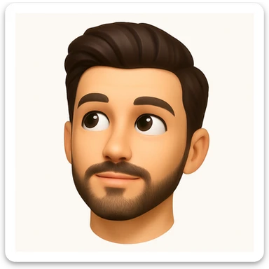 Create a front-facing 3D emoji-style head of a handsome man based on the provided photo. Keep facial features recognizable but stylized like a modern emoji with smooth, clean, and expressive details. The eyes should look slightly upward, as if thinking or imagining. Only the head is shown, no body. Use soft 3D shading and a white background. No text included. sticker