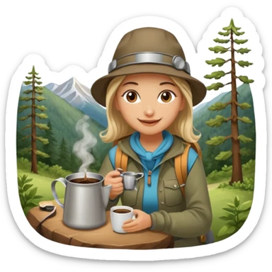A cheerful female camper brewing coffee in a small metal pot sitting sticker