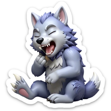 Cinematic Cute Yawning Werewolf Portrait Emoji, with a cuddly, miniature lupine form in soft moonlit grays and silvers, head leaning back in a big, adorable yawn that reveals a few fuzzy teeth, simplified yet irresistibly charming, highly detailed with a soft glowing outline that captures the drowsy, playful essence of a werewolf mid-nap! sticker