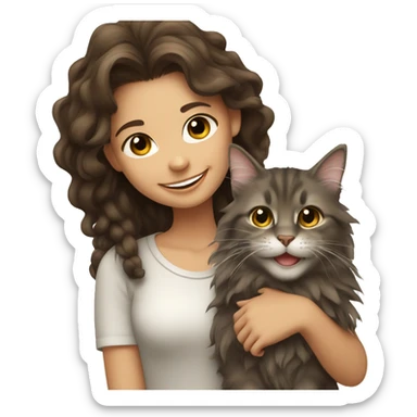 smiling brunette girl with Maine coon cat sticker