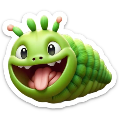 Cinematic Realistic Cute Yawning Caterpillar Portrait Emoji, Head tilted slightly with a dramatic, wide-open yawn, showcasing a soft, downy segmented body in vivid green with subtle drooping and half-closed, drowsy eyes, rendered with intricate natural texture and gentle shadows, high shine, relaxed yet expressive, styled with a dash of woodland charm, soft glowing outline, capturing the essence of a sleepy yet affectionate caterpillar that appears ready to stretch out and rest among the leaves! sticker