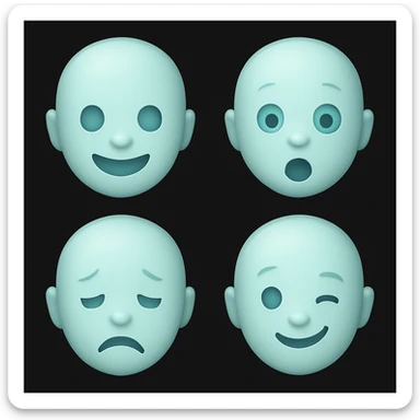 Create four new light blue emoji variants maintaining the emoji style and light blue color, but with different facial expressions. The style should resemble the original emoji style shown in the reference images. sticker