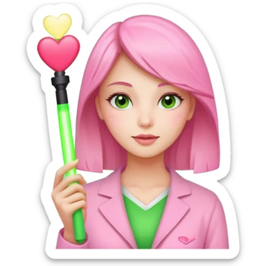A lovely woman in pink with a square green light stick and with heart sticker