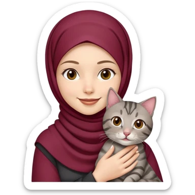 White girl wearing maroon hijab holding a black grey tabby cat while smiling sticker