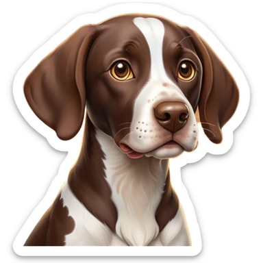 Cinematic Cute German Pointer Portrait Emoji, Playful and charming, soft brown and white tones, Simplified yet expressive features, highly detailed, glowing with a warm, friendly glow, high shine, joyful and loyal, stylized with a touch of whimsy, curious and alert, soft glowing outline, capturing the essence of a playful pup ready for adventure, so endearing it feels like it could jump out of the screen and wag its tail! sticker