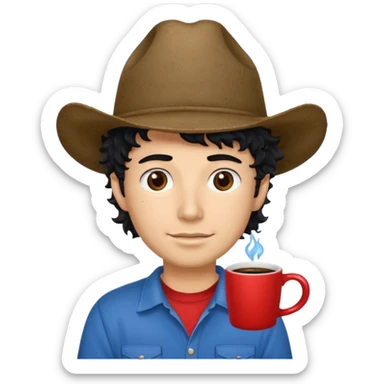 Ranch hand with blue hat and coffee mug, curly black hair, red shirt sticker