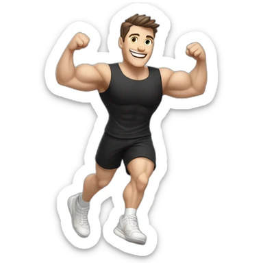 Joyful Celebrating victory Pale skinned Fit Man With the biceps and dark brown hair in black shirt, gray sports shorts and white Sneakers sticker