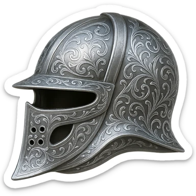 Engrave this steel helmet with elegant silver engravings, keeping it crisp, shiny, and slightly fancier than iron. Realistic metallic steel style, emoji style, transparent background. sticker