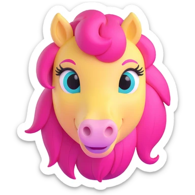 close-up face of pastel yellow pony with pink mane, big teal eyes, shy smile sticker