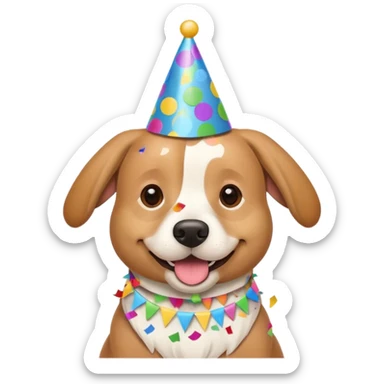 happy dog with party hat and confetti, celebrating birthday sticker
