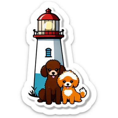 Lighthouse with one brown poodle and one Pomeranian sticker
