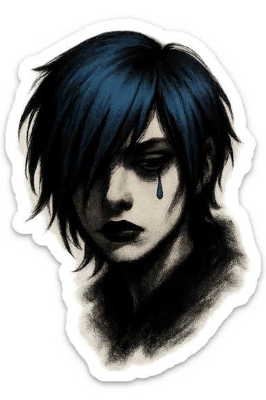 emo face, blue hair, teardrop, black lipstick, dramatic shadows sticker