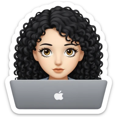 a girl using the mac book air with long black curly hair and brown eyes with winged black eyeliner sticker
