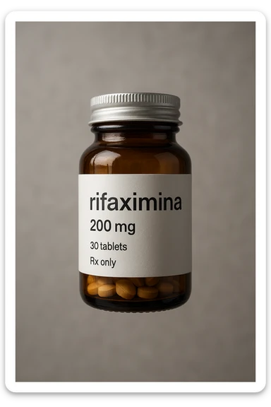 barattolo di medicinale con la scritta "rifaximina" sull'etichetta fluttua in aria, iperrealistico 4k sticker