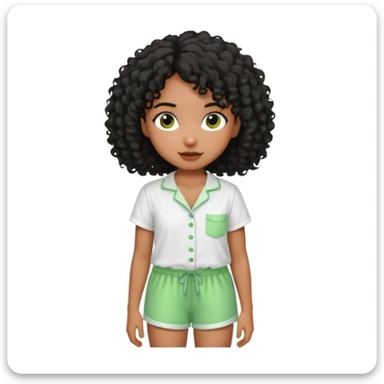Menina morena do cabelo encaracolados pretos e um pijama de blusa branca e short molinho verde sticker