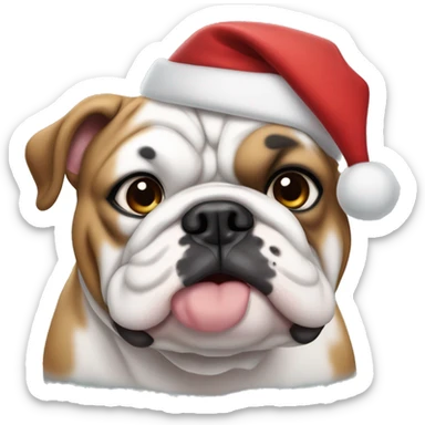 chubby english bulldog with white face and brown spots on his back wearing a christmas hat sticker