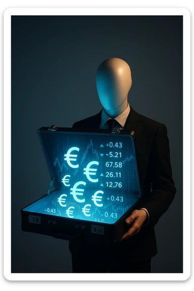 Faceless mannequin holding an open glowing briefcase filled with holographic euro signs and digital stock tickers. Large empty gradient background above for text. Strong cinematic lighting. sticker