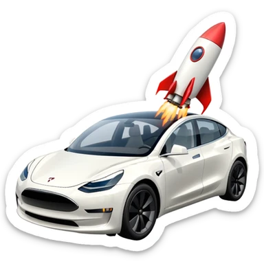 Tesla model 3 white.  Rockets mounted on roof sticker