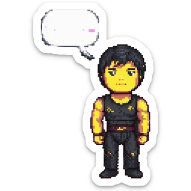 Bruce Lee in pixel art style, calm and wise, with a speech bubble containing a philosophical saying sticker