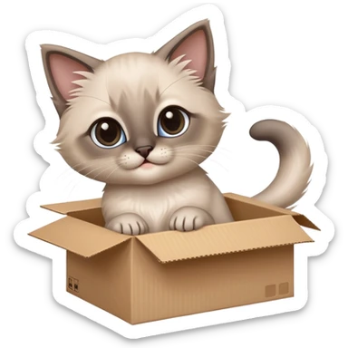  A very cute gery young happy kitten long hair Siamese Cat cat with one's head tilted to one side poked its paws out of the cardboard big box and placed them on top of it sticker