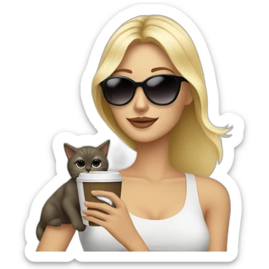 blonde woman with with a cat and both are drinking coffe with sunglasses sticker