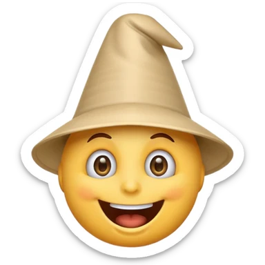 A crazy, laughing emoji with a funnel hat on its head. Exaggerated wide smile, big expressive eyes, playful and silly expression. Cartoon style, clean lines, bright colors, simple background, emoji-style illustration, high quality, centered composition sticker