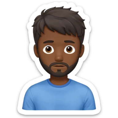 Man with longer dark brown wavy hair past ears with wavy bangs, short beard covering whole face, neutral expression, basic blue t-shirt sticker