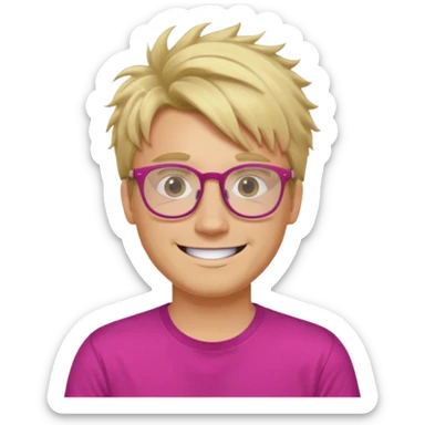 A blond guy with messy hair is smiling. He wear glasses and a fushia T-shirt sticker