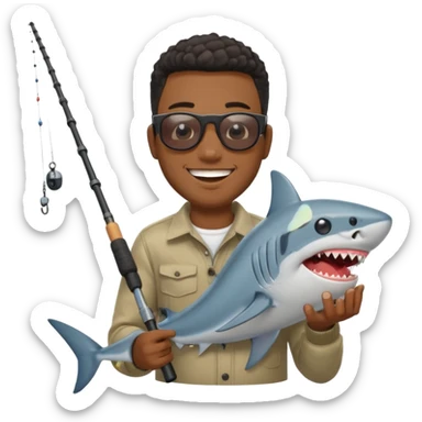 Black man excitedly catching a shark with a fishing rod, emoji style sticker