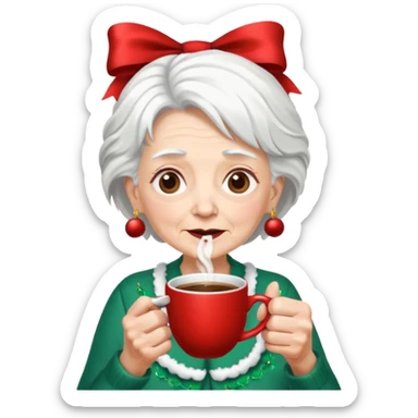 Old lady with crazy hair and christmas bow drinking coffee sticker