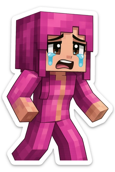 Change the expression of the character to crying/teary-eyed, keeping the style and appearance the same, inspired by playful Minecraft-style expressions. Transparent background. sticker