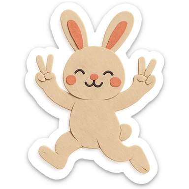 beige bunny jumping and making peace signs, paper craft style, textured paper look sticker