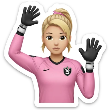 Make a dirty blonde football goalkeeper with goalkeeper gloves on. light skinned and wearing a light pink football kit. Wearing one ponytail on back of head. Make it without the whole body. With full sleeves. No RUGBY BALL JUST BLACK AND WHITE BALL. Holding ball under armpit. Other hand hanging down sticker