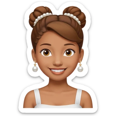 Light brown skin girl, brown hair in bun, smiling, white tube top, pearl earrings sticker