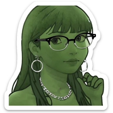 white girl with long black hair and bangs and black glasses and silver hoop earings and black outfits with of silver jewellery  sticker