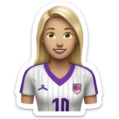 a blonde woman in white soccer jersey with purple pinstripes sticker