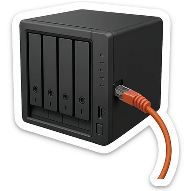 a generic NAS device with a network cable plugged in, simple and recognizable, not branded sticker