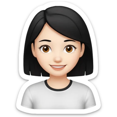 a girl with white skin, black hair, brown eyes, and a white shirt, with a happy expression sticker