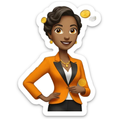 Posh-woman-with-orange-suit-holding-golden-coins sticker