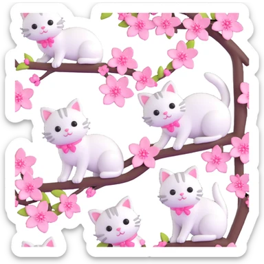 3D iOS-style kawaii cherry blossom branch with pink flowers and cute white cats, smooth textures, cheerful bright look sticker