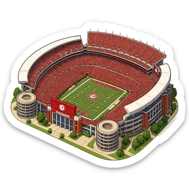 Изометричная, яркая, детализированная и фотореалистичная иллюстрация стадиона Bryant–Denny Stadium в стиле 3D-коллажей городов, насыщенные цвета, аккуратные и чёткие линии, мультяшно-реалистичная стилистика. Чёткие контуры, прозрачный фон, высокое качество. sticker