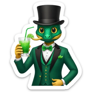 snake wearing suit, bowtie and top hat, holding a glass of green drink sticker