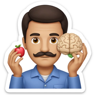 mustachioed man with dark hair holding a brain as an emoji sticker