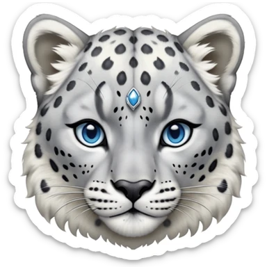 Cinematic-Noble-Snow-Leopard-Portrait-Emoji – Poised and majestic, with a muscular, agile build and a beautifully patterned coat of soft white and grey fur, marked with striking rosettes, deep-set, intelligent icy blue eyes, simplified yet sharp and sophisticated zoomed out showing the shoulders sticker