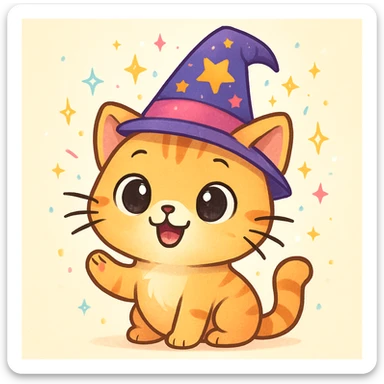 friendly and whimsical AI helper cat wearing a magic hat on its head sticker