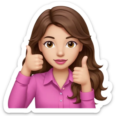 girl with long wavy brown hair, brown eyes, light to medium complexion, in a pink shirt, pink lips, long lashes, thumbs up sticker
