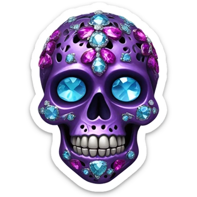 Realistic isolated metallic dark purple,magenta,light blue,and hot pink filigree super skull decorated with shiny diamonds and rhinestones.  sticker