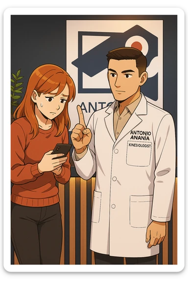 su questo stile fai un manga/webtoon a colori in cui una donna CONTROLLA LO SMARTPHONE MENTRE PARLA CON L'UOMO, l'uomo della foto in stile manga LE DICE DI "NO" CON IL DITO, mantieni un ambiente simile alla foto che ho allegato con il suo logo (sarebbe il suo studio, lui è un kinesiologo), scrivigli "ANTONIO ANANIA" sul camice bianco, non mettere fumetti, ma fai in modo che sembri che la donna CONTROLLI LO SMARTPHONE E L'UOMO CON I GESTI LE FACCIA CAPIRE CHE STA SBAGLIANDO sticker