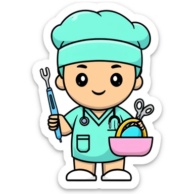 plastic surgeon in pastel scrubs with Easter basket and surgical tools sticker
