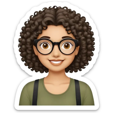 Young Latina with light brown skin. Cheerful round face. Brown eyes behind black glasses. Thick natural eyebrows. Curly hair reaching shoulders, voluminous with defined curls. Big smile showing dimples. Wearing olive green shirt with wide straps. sticker